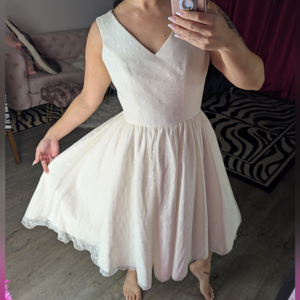 Dolly Parton Couture Bride White Polka dot Swing Wedding Dress Lg Retro Vintage - Picture 9 of 13